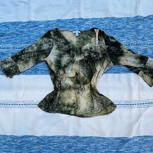 Dressbarn brand tie-dye beige and green top with floral detailing and rhinestone